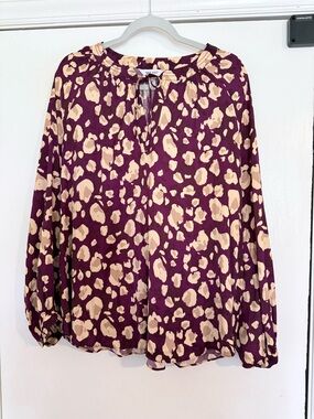 Nine West Plum and Cream Tie-Neck Printed Peasant Top